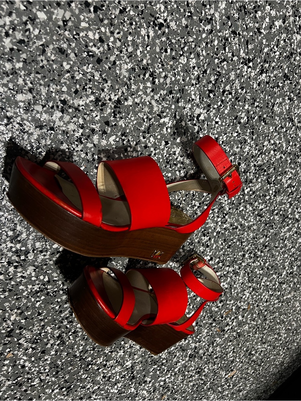 MICHAEL Michael Kors Red Leather Platform Sandals with Wood-Look Sole - Picture 2 of 6